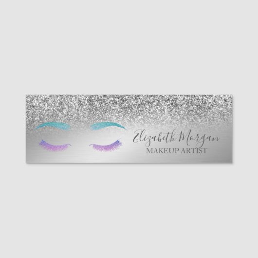 Elegant Lashes, Silver Glitter Bokeh Makeup kunste Naamplaatje (Voorkant)