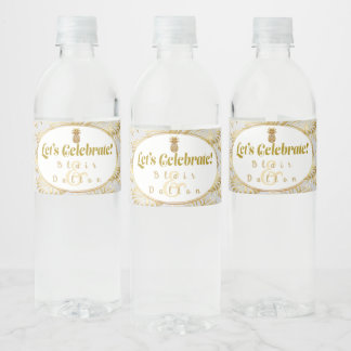 Elegant "Laten we vieren" Monstera bruiloft Waterfles Etiket