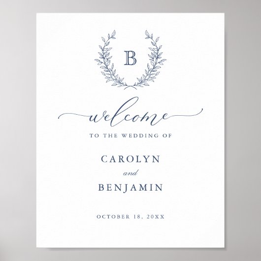 Élégant Laurel Wreath Monogram Crest Affiche de bi (Devant)