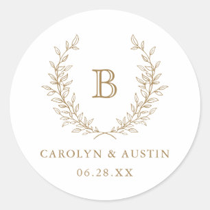 Elegant Laurel Wreath Wedding Monogram Envelope Ronde Sticker