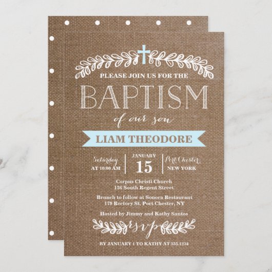 Elegant Laurels Blue | Baptisme-uitnodiging Kaart (Voorkant / Achterkant)