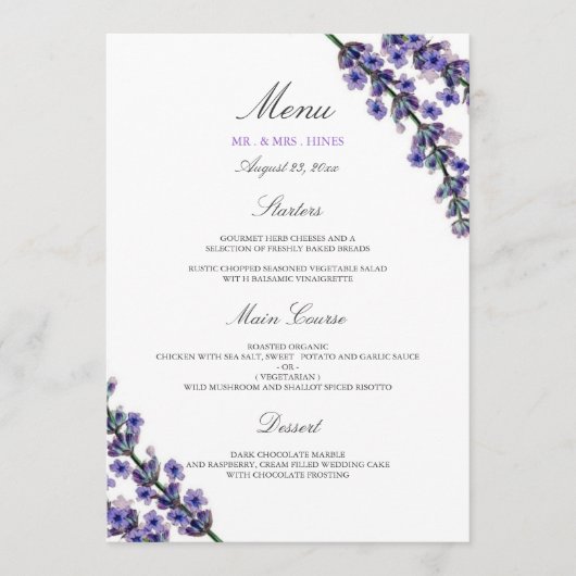 Elegant Lavendel Bruiloft Diner Menu (Voorkant)