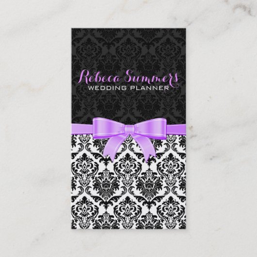 Elegant Lavendel Lint Zwart & Wit Damasks 2 Visitekaartje (Voorkant)
