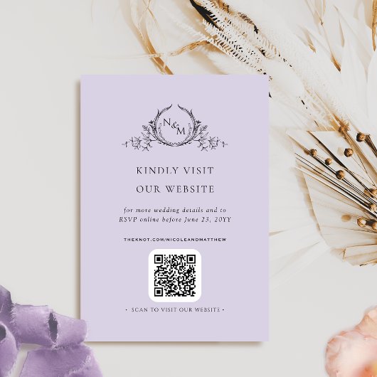 Elegant Lavendel Monogram QR Code/RSVP Online Informatiekaartje