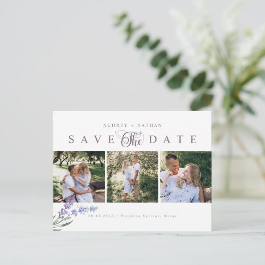 Elegant Lavender 3 Foto's sparen de Datum Aankondigingskaart (Staand voorkant)