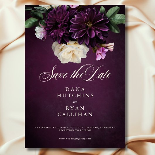 Elegant Lavender & Burgundy Floral Script Wedding Save The Date