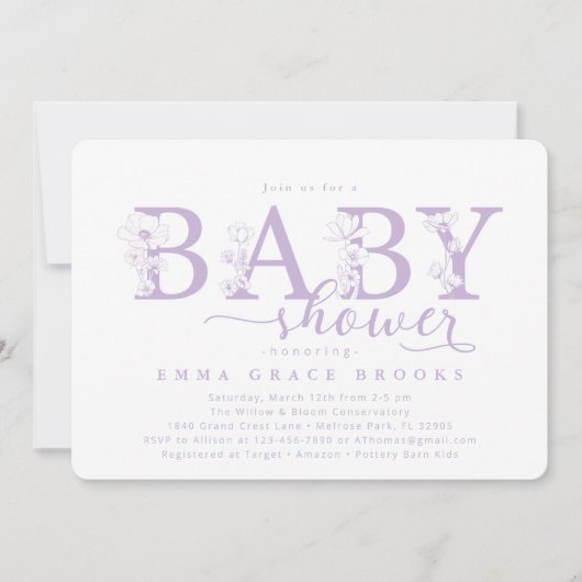 Elegant Lavender Floral Baby Shower Typography Kaart (Voorkant)