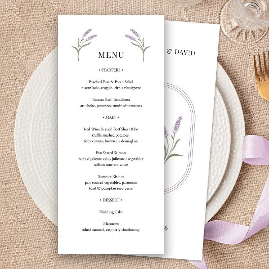 Elégant Lavender Floral Mariage Menu