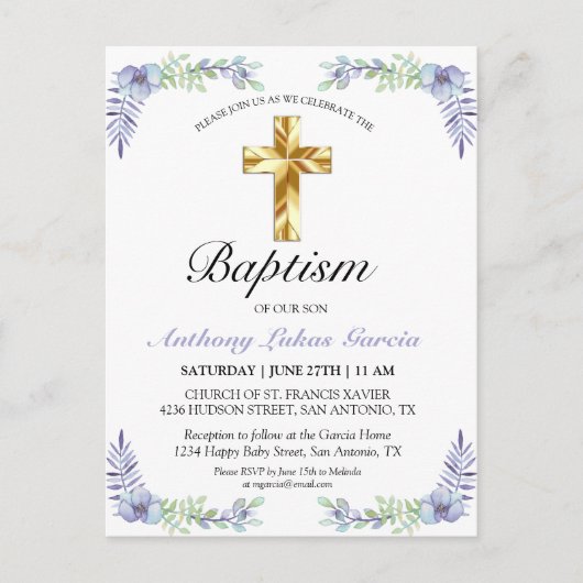 Elegant Lavender Gold Cross Baby Baptisme Briefkaa Briefkaart (Voorkant)