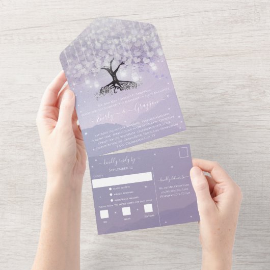 Elegant Lavender Paars Heart Leaf Tree Wedding All In One Uitnodiging (Afscheurbaar)