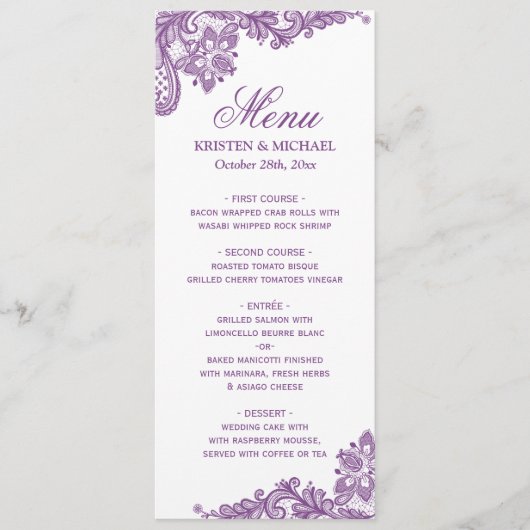 Elegant Lavender Paars Lace Pattern Weddenningmenu Menu (Voorkant)