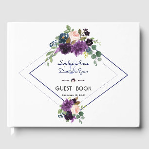 Elegant Lavender Paarse Floral Navy Blue Wedding Gastenboek