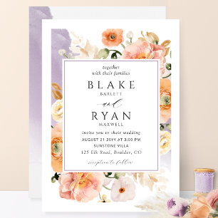 Elegant Lavender Peach Botanical Wedding Kaart