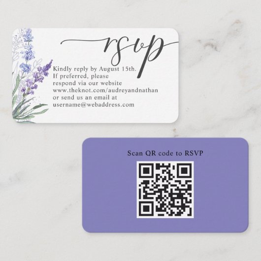 Elegant Lavender QR Code RSVP Weddenschap Informatiekaartje (Voorkant / Achterkant)