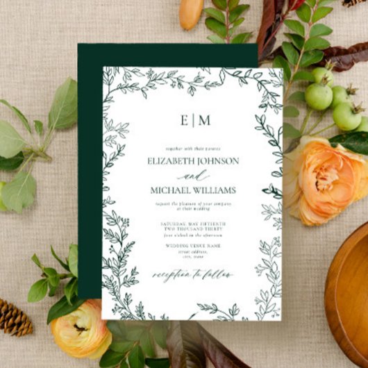 Elegant Leaf Emerald Green Monogram Wedding Kaart