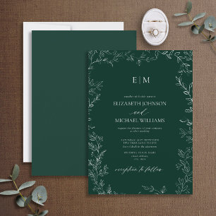 Elegant Leaf Emerald Green Monogram Wedding Kaart