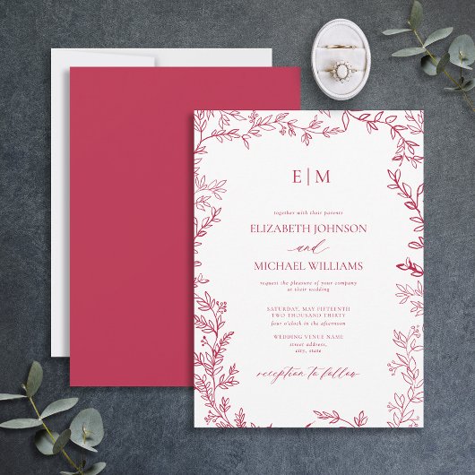 Elegant Leaf Vivid Magenta Monogram Weddenschap Kaart