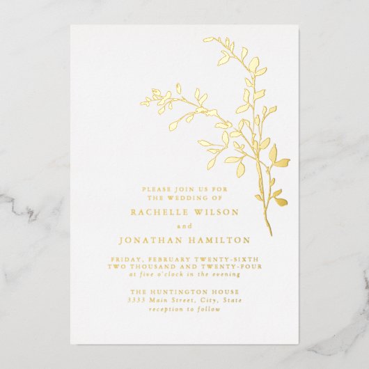 Elegant Leaf Wedding Gold Folie Uitnodiging (Voorkant)
