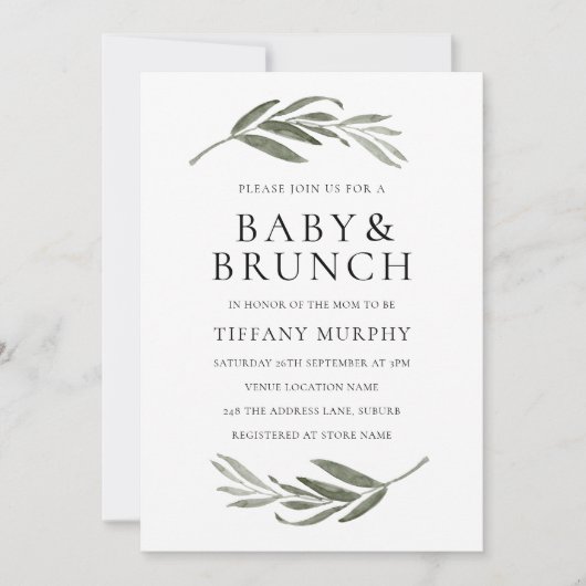 Elegant Leaf Wreath Baby shower Brunch Invite Kaart (Voorkant)