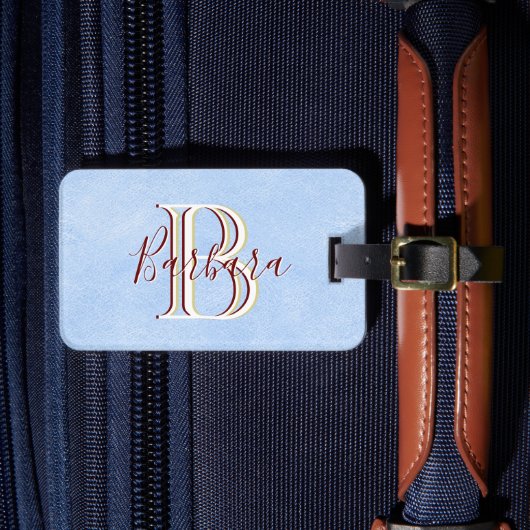 Elegant Leather-look Blue Monogram Name Bagagelabel (Voorkant Insitu 4)