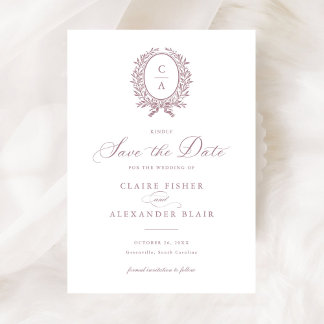 Elegant Leave Crest Monogram Save the Date Kaart