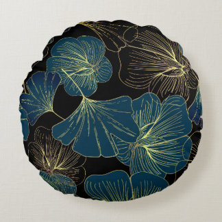 Elegant Leaves of Blue With Gold Lines Botanical Rond Kussen