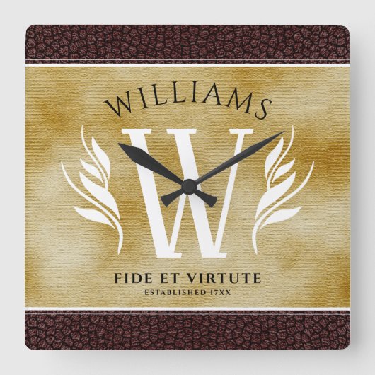 Elegant leder- en papier — Surname Motto Vierkante Klok (Voorkant)