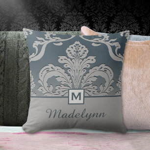Elegant leisteen damast monogram ontwerp kussen