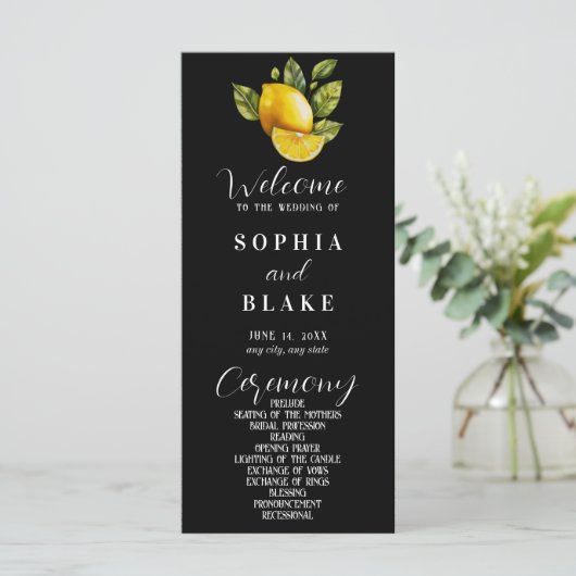 Elegant Lemon en Greenery Black Wedding Program (Staand voorkant)