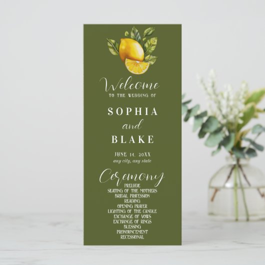 Elegant Lemon en Greenery Green Wedding Programme (Staand voorkant)