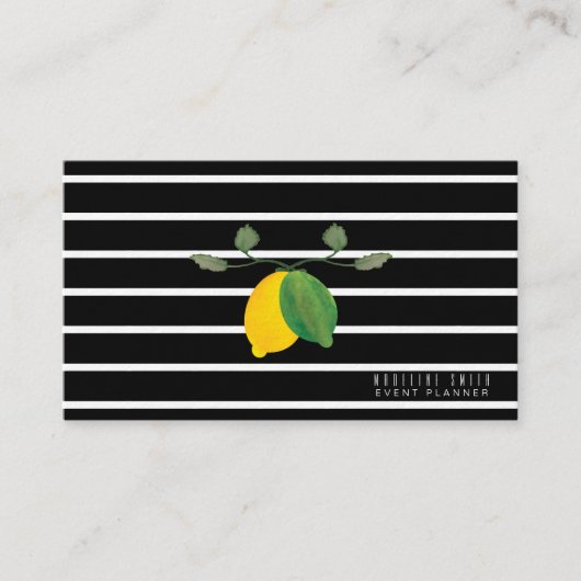 Elegant Lemon Waterverf Stripes Black Visitekaartje (Voorkant)