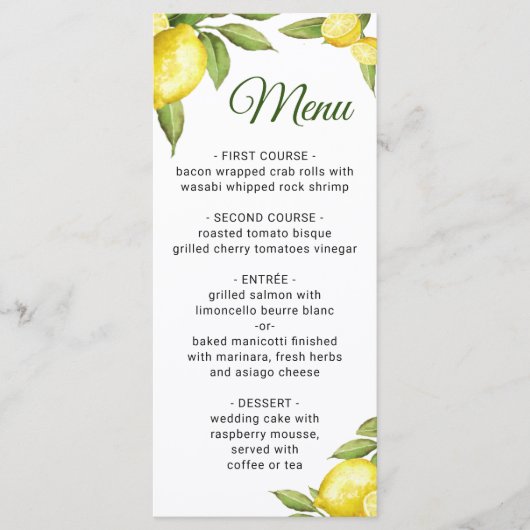 Elégant Lemons Green Diner Mariage Menu (Devant)