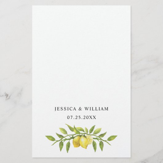 Elégant Lemons Green Diner Mariage Menu (Dos)