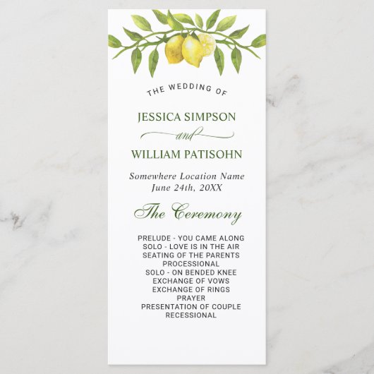 Elegant Lemons Greenery Wedding Ceremony Program Programma (Voorkant)