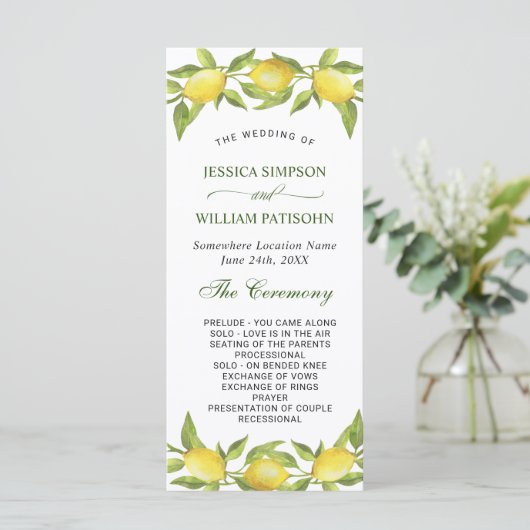 Elegant Lemons Greenery Wedding Ceremony Programma (Staand voorkant)
