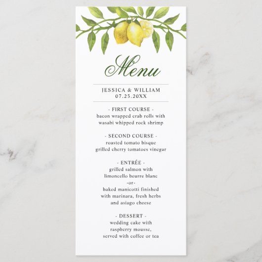 Elegant Lemons Greenery Wedding Dinner Menu (Voorkant)