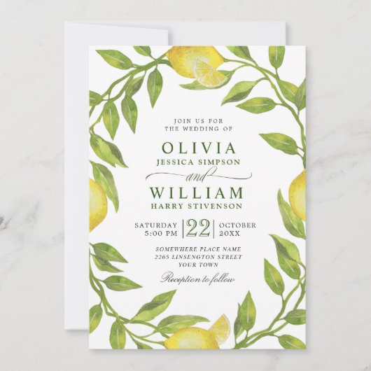 Elegant Lemons Waterverf Greenery Wedding Kaart (Voorkant)