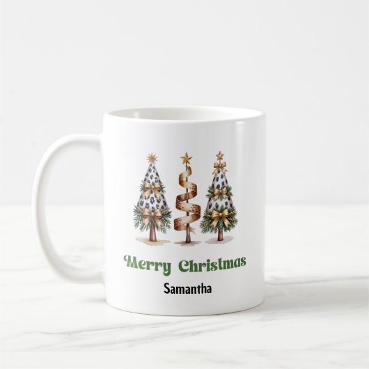 Elegant leopard christmas trees custom name mug (Gauche)