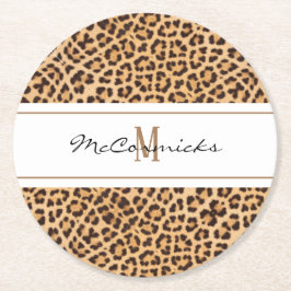Elegant Leopard Print Monogram aangepast Ronde Kartonnen Onderzetter