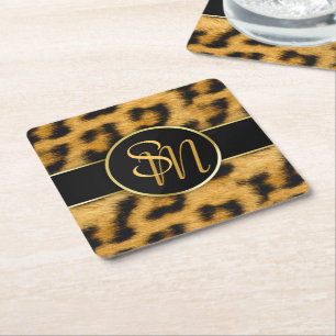 Elegant Leopard Print Monogram - Papieren Onderzet Vierkante Kartonnen Onderzetter