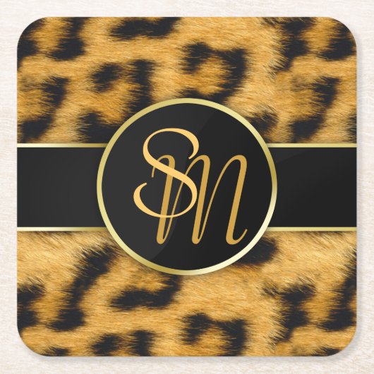 Elegant Leopard Print Monogram - Papieren Onderzet Vierkante Kartonnen Onderzetter (Voorkant)
