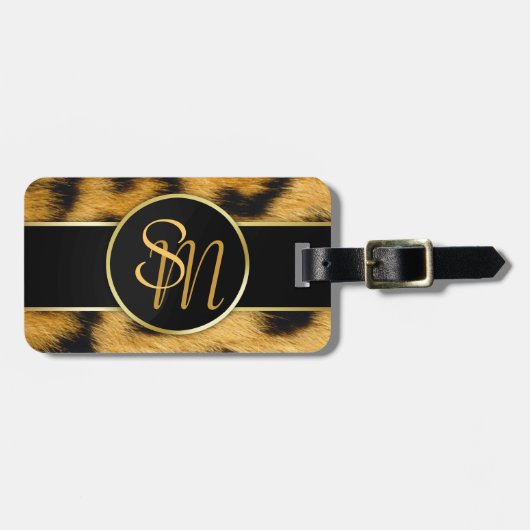 Elegant Leopard Print Monogram Script Bagagelabel (Voorkant horizontaal)