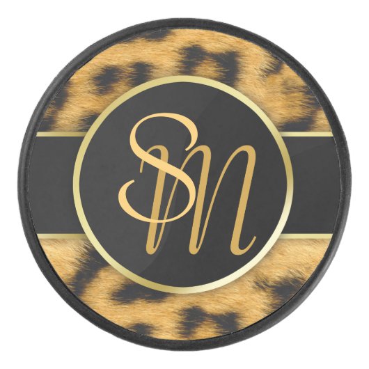 Elegant Leopard Print Monogram Script Hockey Puck (Voorkant)