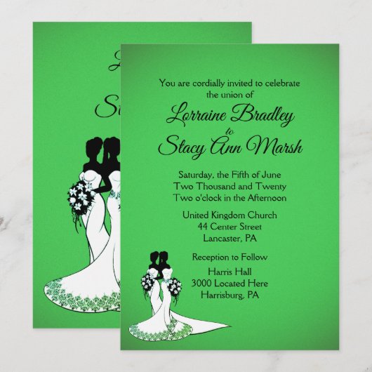 Elegant Lesbian Wedding Invitation Green Kaart (Voorkant / Achterkant)