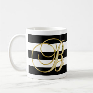 Elegant Letter B Monogram Gold Black White Striped Koffiemok