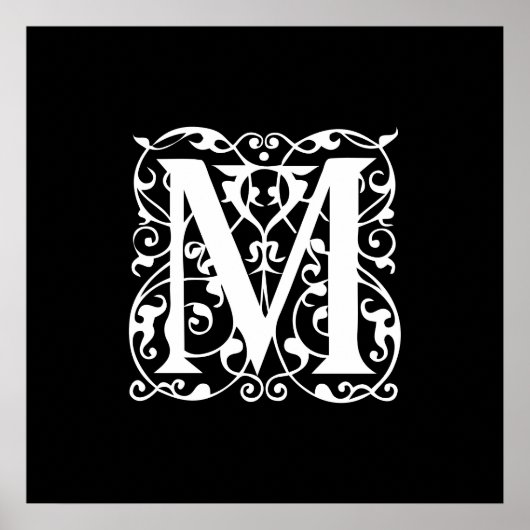 Elegant Letter M White op zwart monogram Poster (Voorkant)