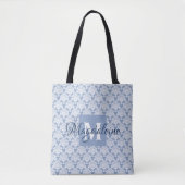 Elegant Licht Blauw & Wit Damask Monogram & Naam Draagtas (Voorkant)