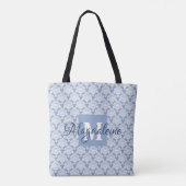 Elegant Licht Blauw & Wit Damask Monogram & Naam Draagtas (Achterkant)