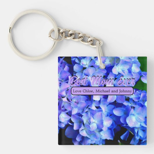 Elegant licht paarse magenta bloemenhortensia sleutelhanger (Voorkant)