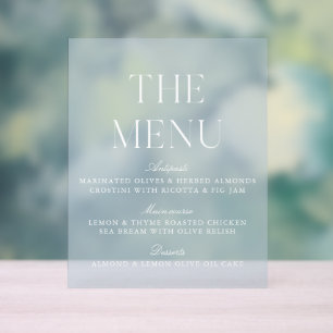 Elegant lichtblauw acryl bruiloft menu teken bord